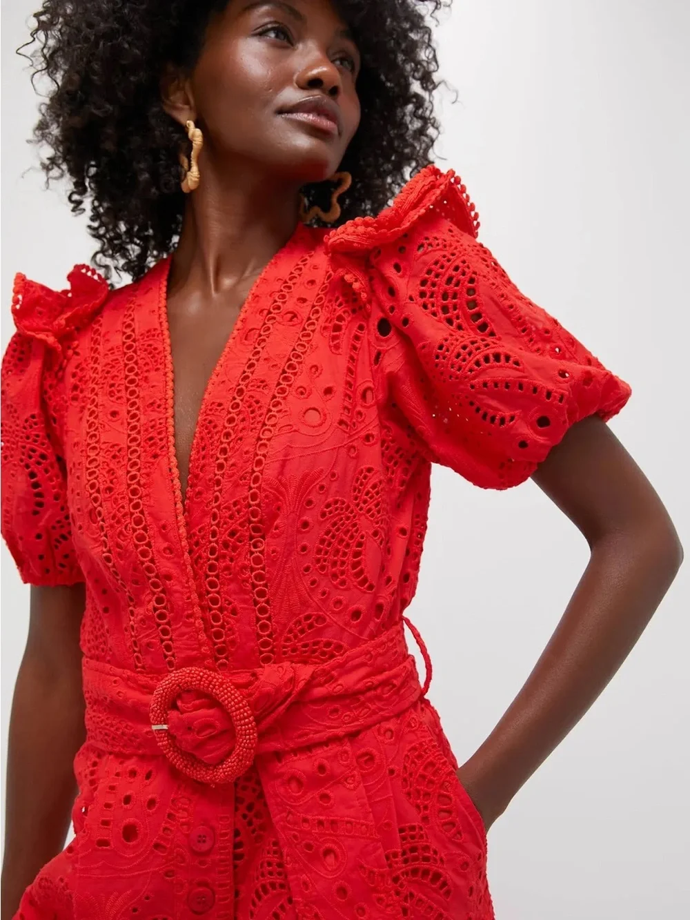 FARM Rio Red Eyelet Belted V-Neck Romper size Large